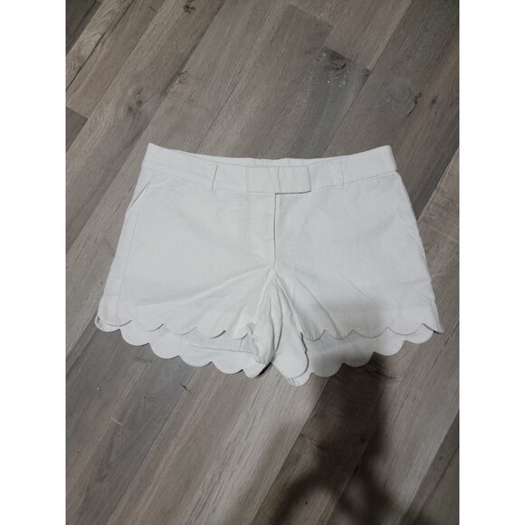 J Crew Womens Linen Blend Shorts Sz 8 Ivory White Scallop Hem Mid Rise